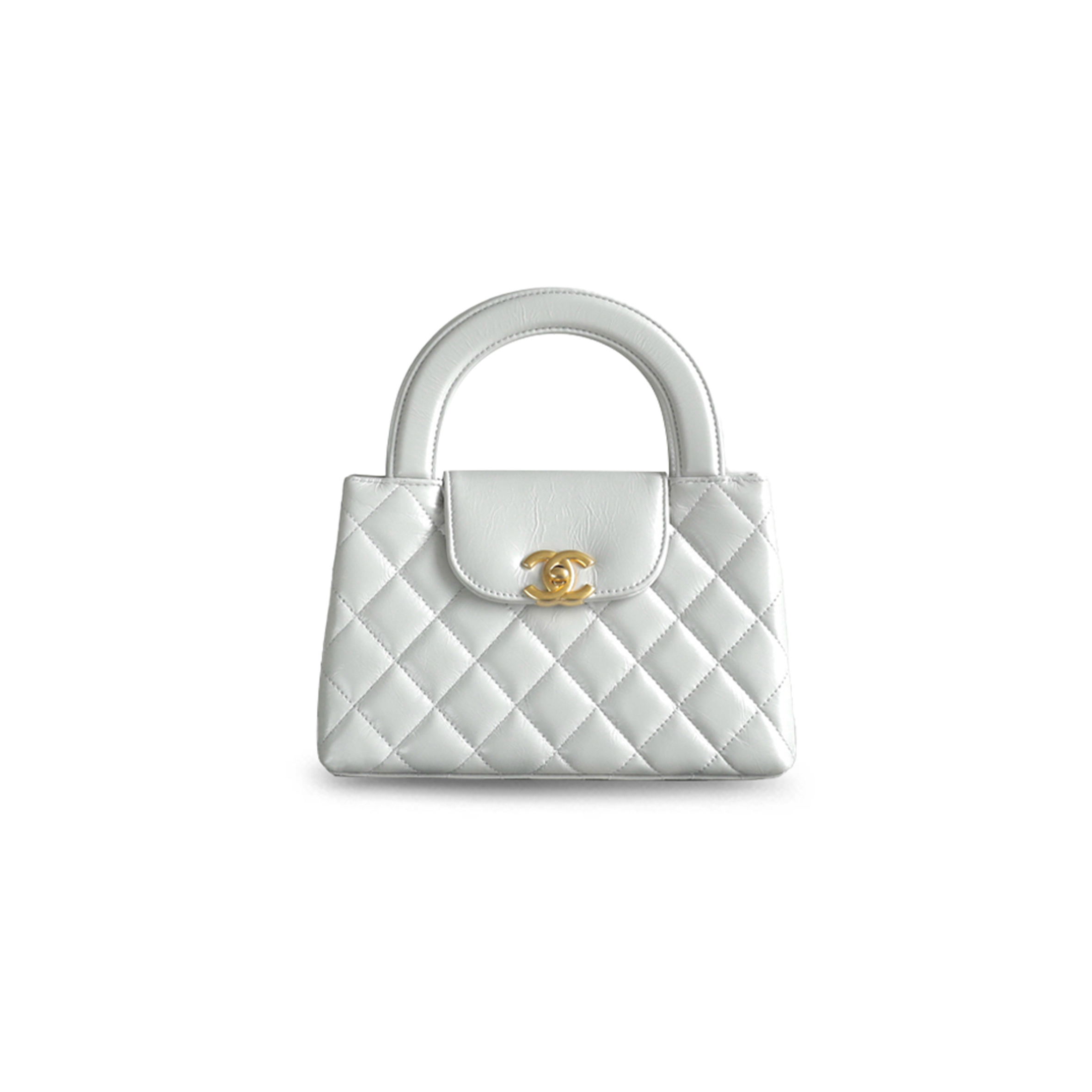 Ch*el kelly shopper milk gray glossy distressed calfskin brushed gold hardware as4416 (19*13*7cm)